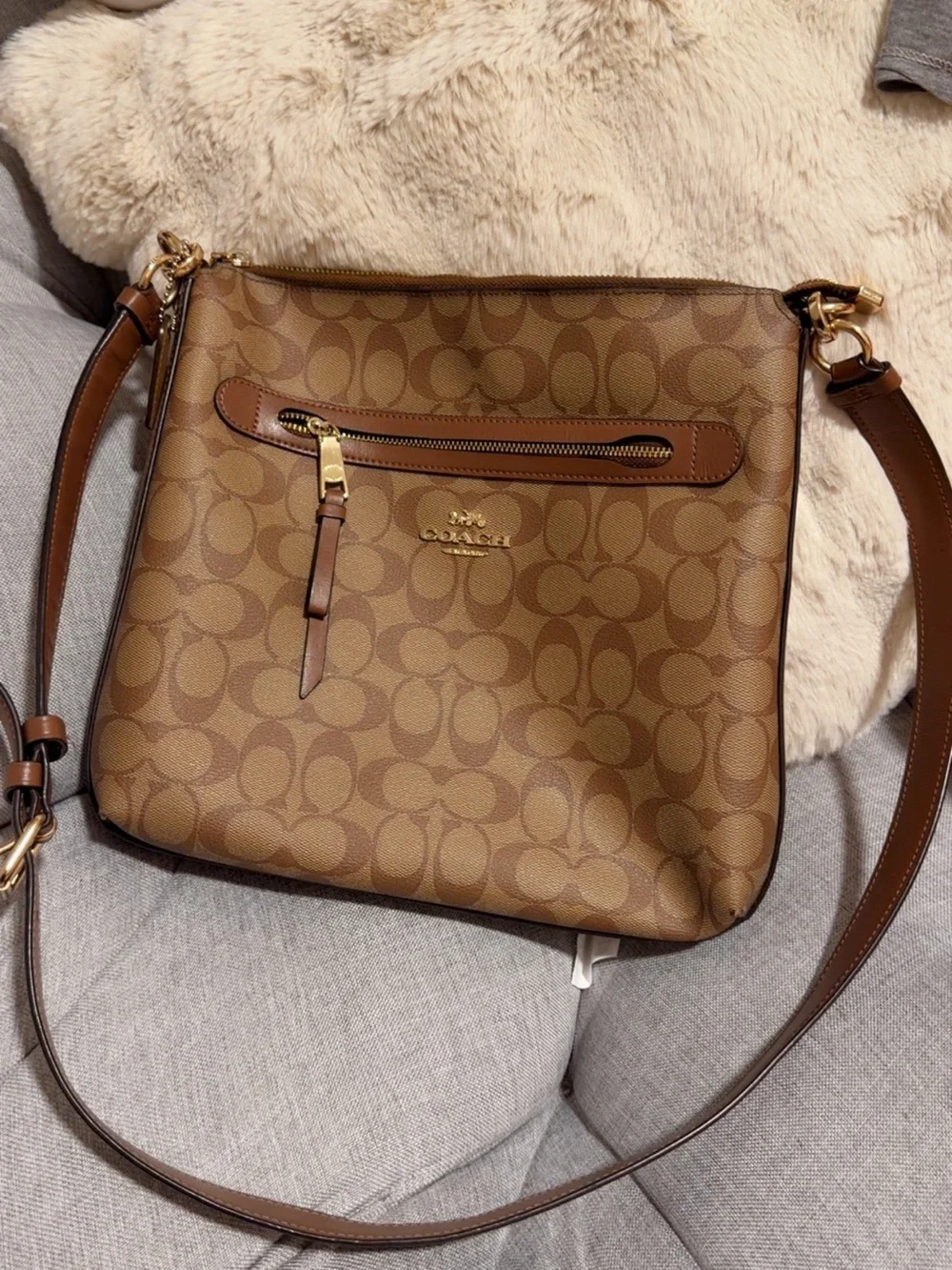 Coach Tan/Brown Signature Canvas Crossbody with Leather Trim